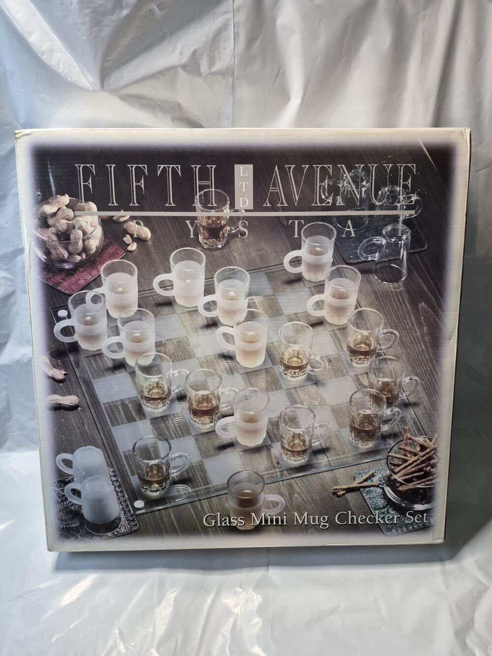 Fifth Avenue LTD Crystal Glass Mini Mug Checker Set Board Drinking Game 27 Pc